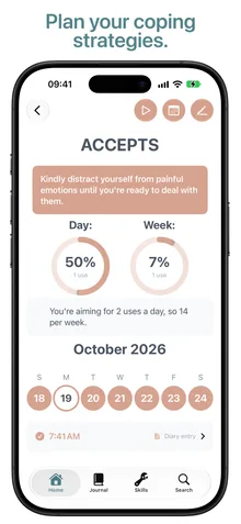 ACCEPTS page showing 50 per cent of a daily target and 7 per cent of a weekly target, with uses marked on an October calendar