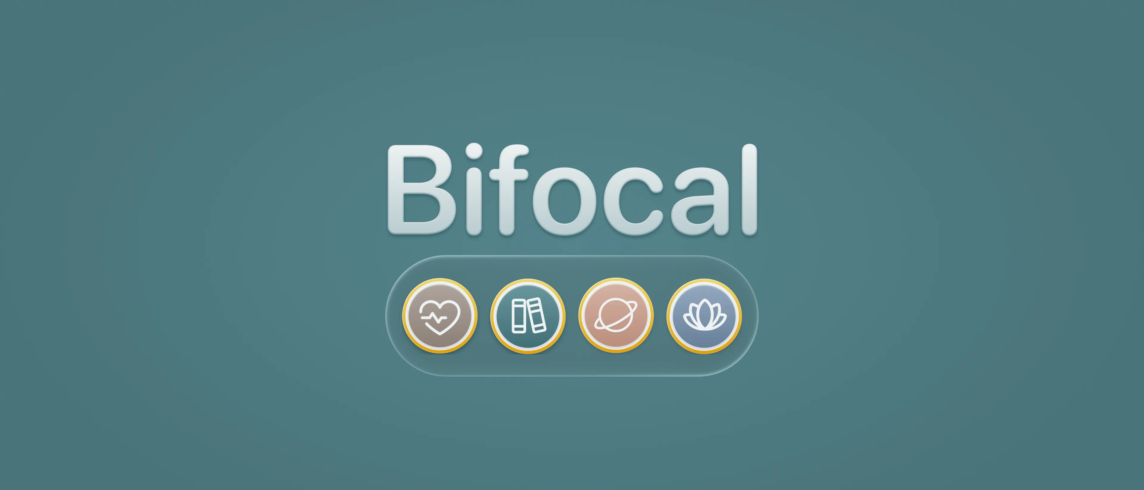 Bifocal banner with the app wordmark and four circular icons for its skill categories