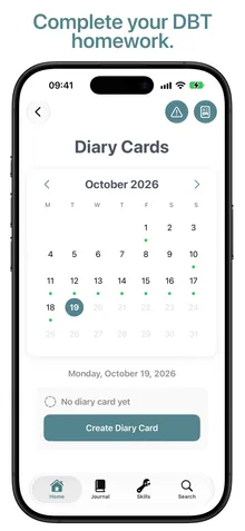 Diary Cards calendar for October 2026 with a dot on every completed day and a Create Diary Card button for the 19th
