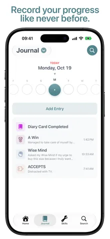 Journal screen for Monday 19 October listing a completed diary card, a win, a Wise Mind entry and an ACCEPTS use, each timestamped