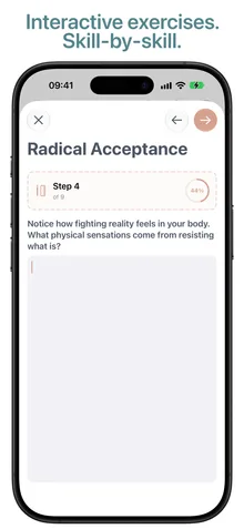 Radical Acceptance exercise at step 4 of 9, with a prompt about noticing resistance in the body and a progress ring showing 44 per cent