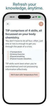 TIP skills page explaining temperature, intense exercise, paced breathing and paired muscle relaxation